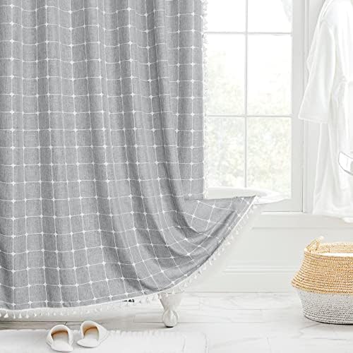 Boho Farmhouse Classic Plaid Linen Tassel Shower Curtain Grey,72x72