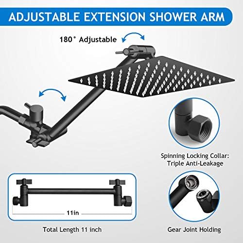 Black Shower Head Combo,10 Inch High Pressure Rain with 11" Extension Arm