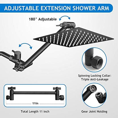 Black Shower Head Combo,10 Inch High Pressure Rain with 11" Extension Arm