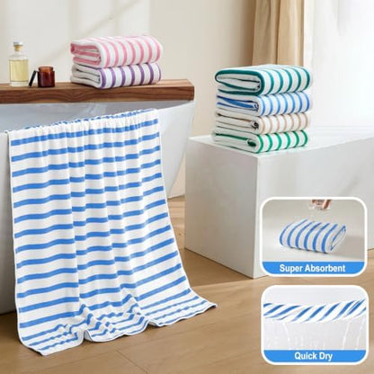 JML Microfiber Bath Towel Sets, 4 Pack, 27" x 55", Cabana Stripe Blue