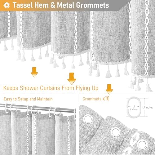 BTTN 60 x 84 Boho Linen Heavy Duty Cloth Shower Curtain Set, Grey/Gray