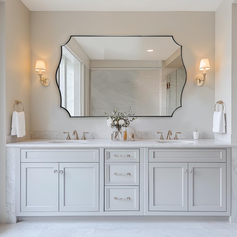 ANDY STAR 30x48 Inch Large Bathroom Mirror, Brushed Nickel Asymmetrical Mirror, Modern Rectangle Mirror with Unique Wavy Design, Premium Stainless Steel Metal, Wall-Mounted Vertically/Horizontally