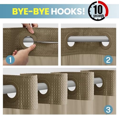 SORTTO No Hook Waffle Shower Curtain with Snap in Liner Set, 71x74, Beige