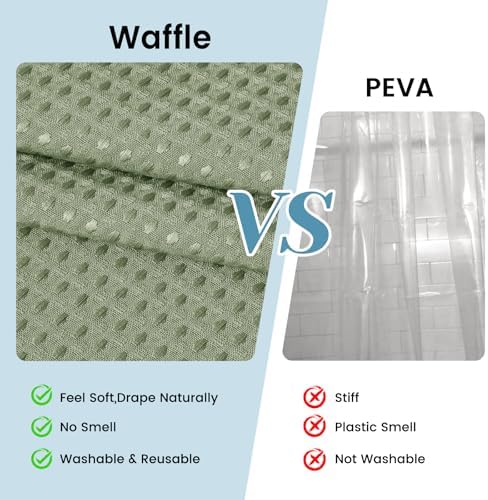 No Hook Waffle Shower Curtain with Snap in Liner Set, 71x86, Sage Green