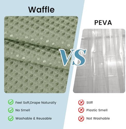 No Hook Waffle Shower Curtain with Snap in Liner Set, 71x80, Sage Green