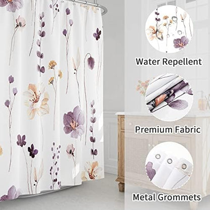 Gibelle Plum Beige Watercolor Floral Fabric Shower Curtain, 72x72