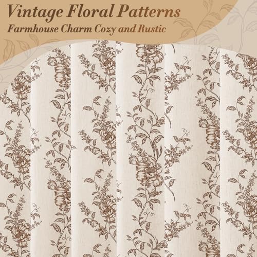 Brown Linen Farmhouse Shower Curtain, Boho Floral Bathroom 72x84