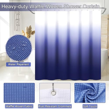 XLHOMO 30PCS Navy Blue Bathroom Accessories Set with Waffle Shower Curtain,Trash Can,3PCS Lotion Soap Dispenser, Toothbrush Holder, Soap Dish,Tumbler Cup,6PCS Wood Tags Bath Accessories with Tray