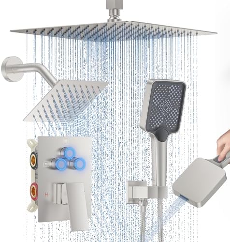 Shower Faucet Set, 12" Ceiling Mount Rainfall Shower System with 2 Rain Shower Head and Multi-function Handheld Head Push Button Diverter Shower Faucet Trim Kit (12", Brushed Nickel)