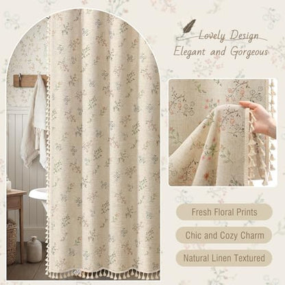 Floral Farmhouse Vintage Linen Shower Curtain with Tassel 72Wx90H