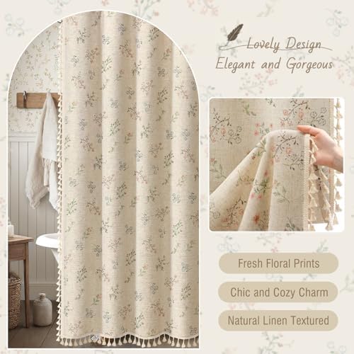 Floral Farmhouse Vintage Linen Shower Curtain with Tassel 60Wx72H