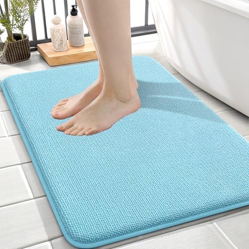 OLANLY Memory Foam Small Bathroom Rugs 24x16, Absorbent Bath Mat, Sky Blue