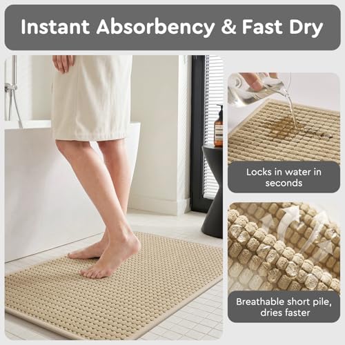 tchdio Bathroom Runner Rug, Absorbent Washable Thin Bath Mat, Non Slip Quick Dry Bath Rugs with Solid Rubber Backing, Low Profile Bath Mat, Beige, 24" x 48"