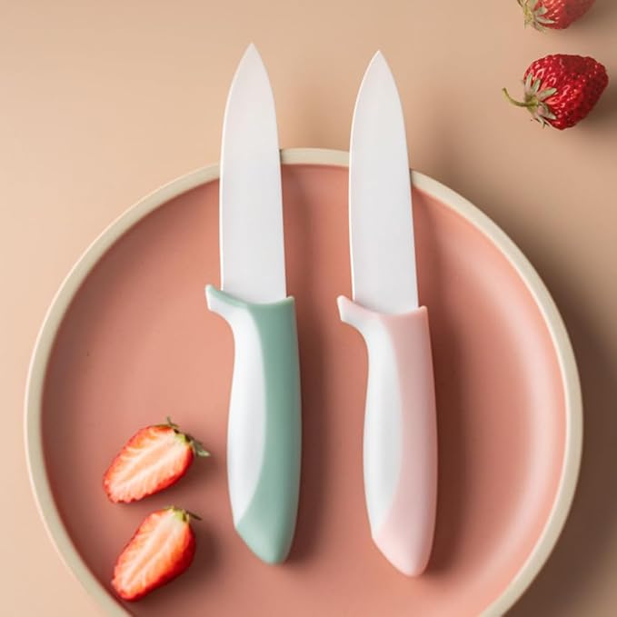 2 pcs ceramic knife - 4 Inch green and pink fruit knife with hippo shape cover, paring knife, use for fruit bread vegetable and meat (green and pink)