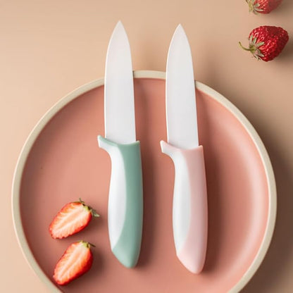 2 pcs ceramic knife - 4 Inch green and pink fruit knife with hippo shape cover, paring knife, use for fruit bread vegetable and meat (green and pink)