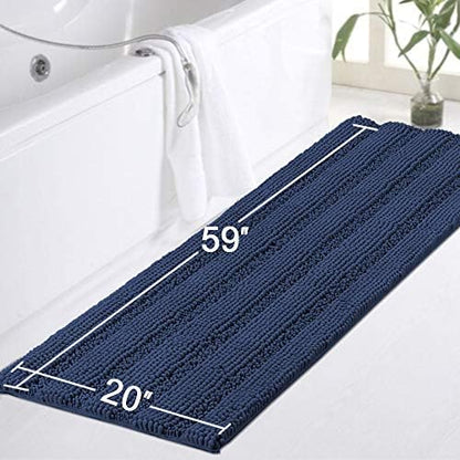 Turquoize Bath Rug Runner for Bathroom 59inx 20in Extra Large Navy Blue Striped Bath Mat Runner Slid Resistant Oversize Non-Slip Bathroom Rugs Shag Area Rug, Absorbent Shaggy Rug for Tub Shower Rug