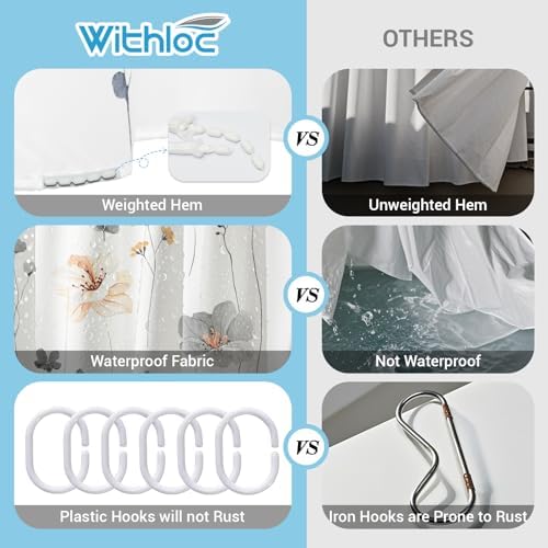 WITHLOC Floral Shower Curtains for Bathroom, Grey, 72" W x 72" L