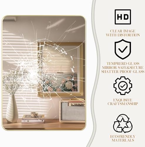40×30 Gold Bathroom Mirror, Rectangular Bathroom Vanity Mirror for Wall with Rounded Corners & Aluminum Alloy Frame, Tempered-Glass, Modern, Farmhouse, Horizontal/Vertical, Entryway, Bedroom