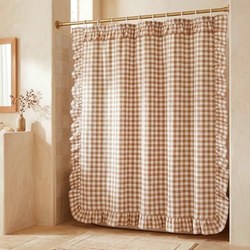 HunnmingRe Ruffled Gingham Shower Curtain Taupe