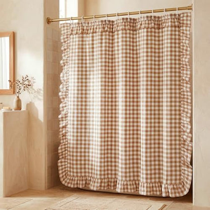 HunnmingRe Ruffled Gingham Shower Curtain Taupe