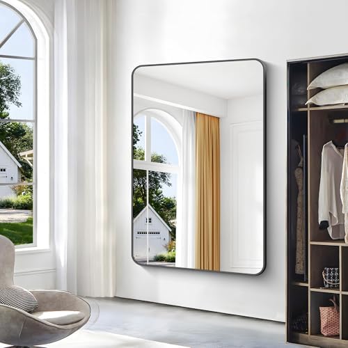 BONEWEI Black Bathroom Mirror,60x40 inch Wall Mirror for Bathroom Wall Mounted,Rectangle Mirror for Bathroom Over Sink,Modern Frame Round Corner for Living Room,Bedroom Entryway,Horizontal/Vertical