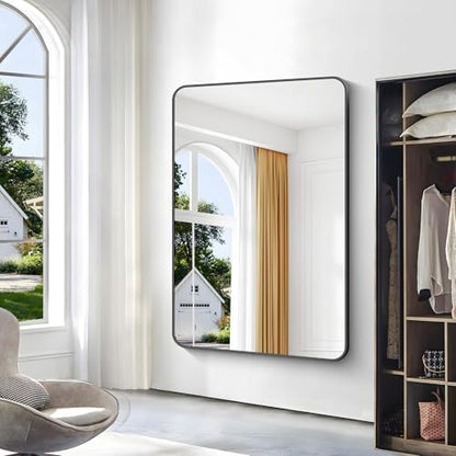 BONEWEI Black Bathroom Mirror,60x40 inch Wall Mirror for Bathroom Wall Mounted,Rectangle Mirror for Bathroom Over Sink,Modern Frame Round Corner for Living Room,Bedroom Entryway,Horizontal/Vertical