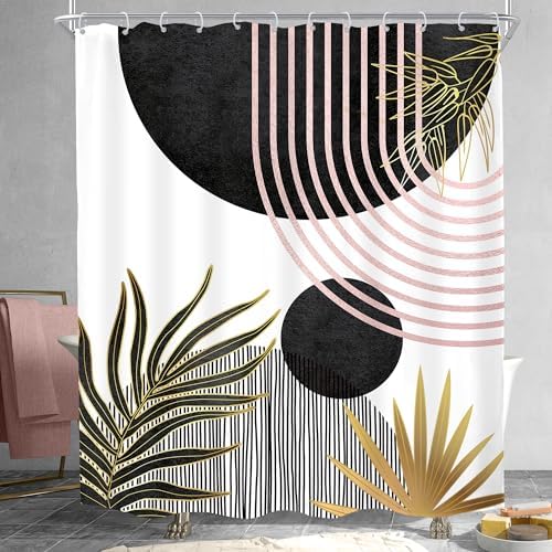 Mid Century Black Pink Boho Abstract Modern Bathroom Shower Curtain Set