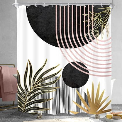 Mid Century Black Pink Boho Abstract Modern Bathroom Shower Curtain Set