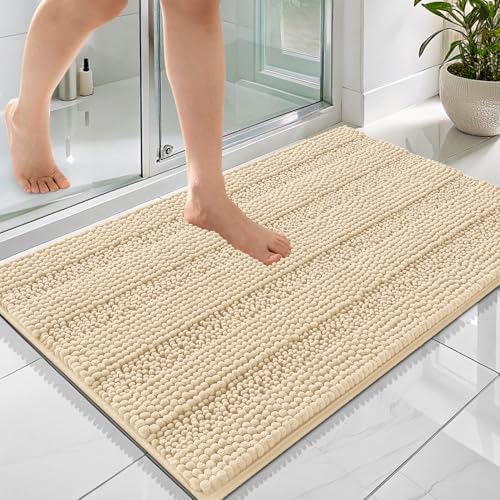 OLANLY Thick Bathroom Rugs 36x24, Soft Chenille Striped Bath Rugs, Beige