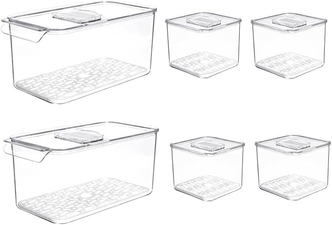 SANNO Produce Saver Containers for Refrigerator - Stackable Kitchen Organizer Keeper Bin, with Removable Drain Tray, Set of 6