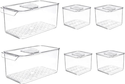 SANNO Produce Saver Containers for Refrigerator - Stackable Kitchen Organizer Keeper Bin, with Removable Drain Tray, Set of 6