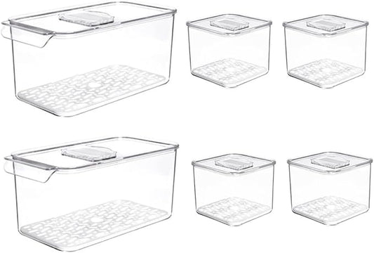 SANNO Produce Saver Containers for Refrigerator - Stackable Kitchen Organizer Keeper Bin, with Removable Drain Tray, Set of 6