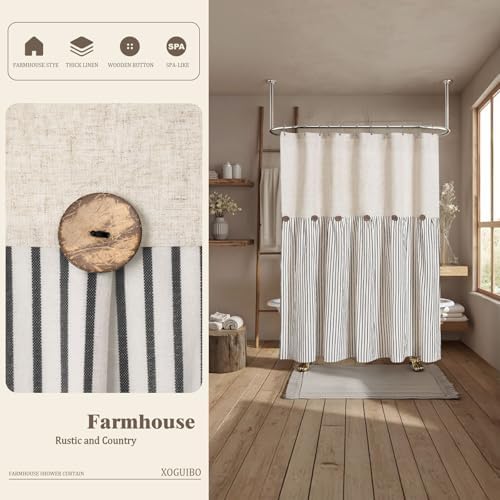 Farmhouse Shower Curtain Linen Button Black Stripe 72" W x 72" L