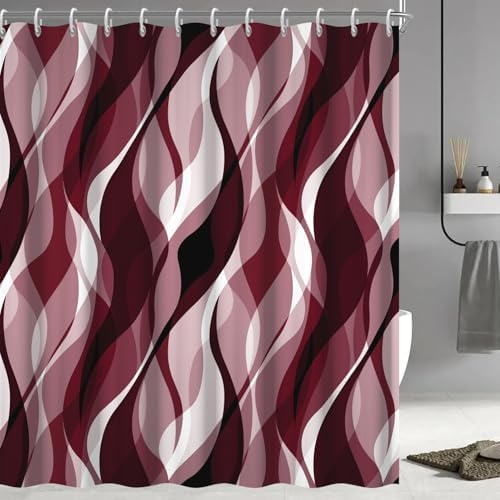 Burgundy Striped Shower Curtain with Hooks for Bathroom 72x84 Inch
