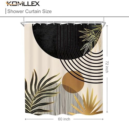 Mid Century Black Gold Boho Abstract Modern Bathroom Shower Curtain Set