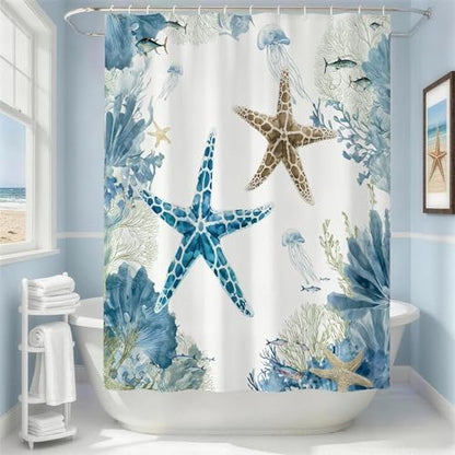 Green Beach Shower Curtain for Bathroom, Ocean Coastal Theme, 72x72 In