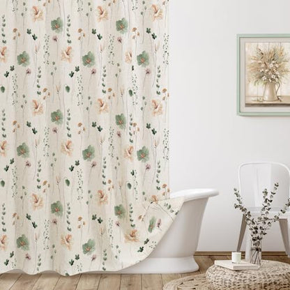 Gibelle Sage Green Linen Watercolor Floral Fabric Shower Curtain, 72x78
