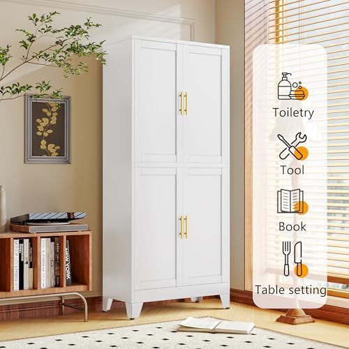 winiowa 75" Tall Kitchen Pantry Cabinet, Metal Storage Cabinet with Doors and Adjustable Shelves, White Freestanding Pantry Cabinet for Kitchen, Dining Room, Living Room, Laundry Room, Bathroom