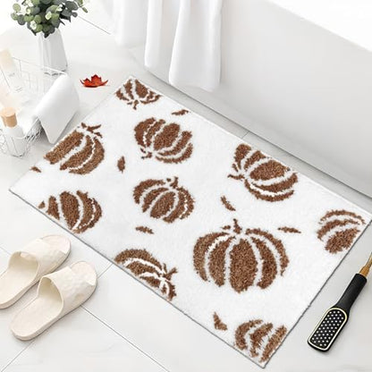 APROPHIC Fall Pumpkin Bath Mats for Bathroom, Thanksgving Super Absorbent Non-Slip Microfiber Shaggy Bath Rugs, Autumn Bathroom Mat for Shower, Tub, Sink, Decor, Machine Washable, 20x30 in, Brown