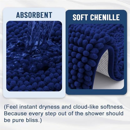 Grandaily Chenille Striped Bathroom Rugs 47x17, Extra Thick and Soft Absorbent Bath Mats, Rubber Backing, Plush Shaggy Shower Carpet, Machine Wash Dry, Bath Rug for Bathroom, Navy Blue