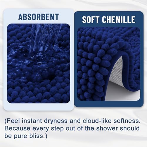Grandaily Chenille Striped Bathroom Rugs 30x20, Extra Thick and Soft Absorbent Bath Mats, Rubber Backing, Plush Shaggy Shower Carpet, Machine Wash Dry, Bath Rug for Bathroom, Navy Blue