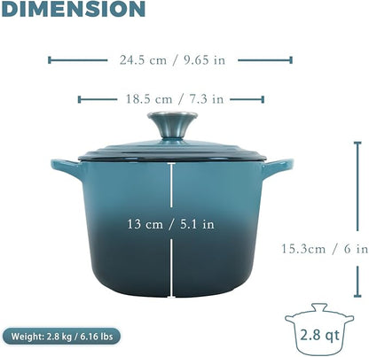 Flavehc Dutch Oven Pot with Lid 2.8 Qt Cast Iron Dutch Oven for Bread Baking, Slateblue Enameled Cast Iron Soup Pot, Small Deep Dutch Oven for Soup, Stews & Small Family Meals