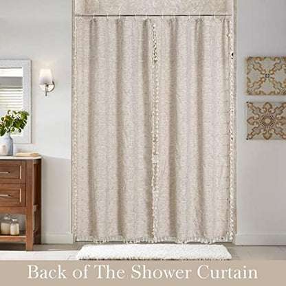 Boho Farmhouse Classic Plaid Double Swag Tassel Shower Curtain Tan,72x72