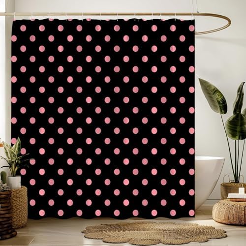 Polka Dot Shower Curtain Pink Spot Black Retro Vintage Fabric Decorative Bathroom Curtains with Hooks,70" Wx84 H
