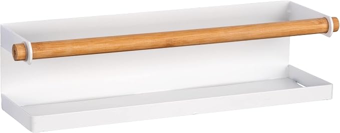 WENKO Magna Magnetic Metal Spice Rack with Bamboo Detail for Storing and Displaying Spice Jars, No Drilling Required with Magnet or Adhesive Tape, 32 x 8 x 8 cm, White