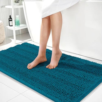 OLANLY Thick Bathroom Runner Rugs 44x24, Chenille Bath Rugs, Peacock Blue