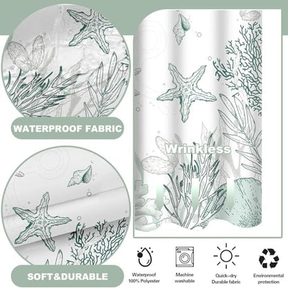 No Hook Shower Curtain and Liner Set, Green Beach Coastal 71x74