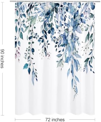 Gibelle Blue Eucalyptus Shower Curtain, Watercolor Floral Print, 72x90