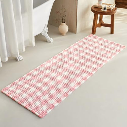 TYUU Waffle Runner Rug Bathroom, Long Cute Bath Mat, 60x24 Pink & White