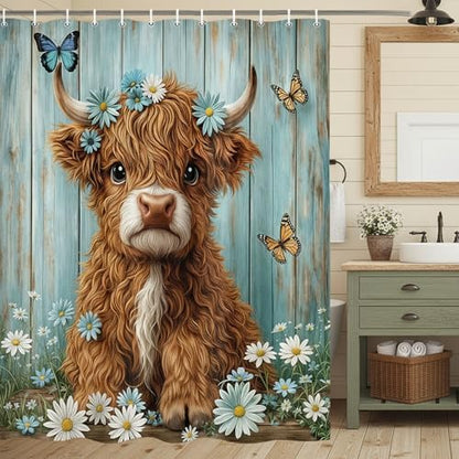 Cow Shower Curtain, Farmhouse Rustic Floral Daisy Funny Highland Cow Shower Curtains for Bathroom, Cute Calf Country Farm Animal Bathroom Decor with Hooks, 70x72 inch